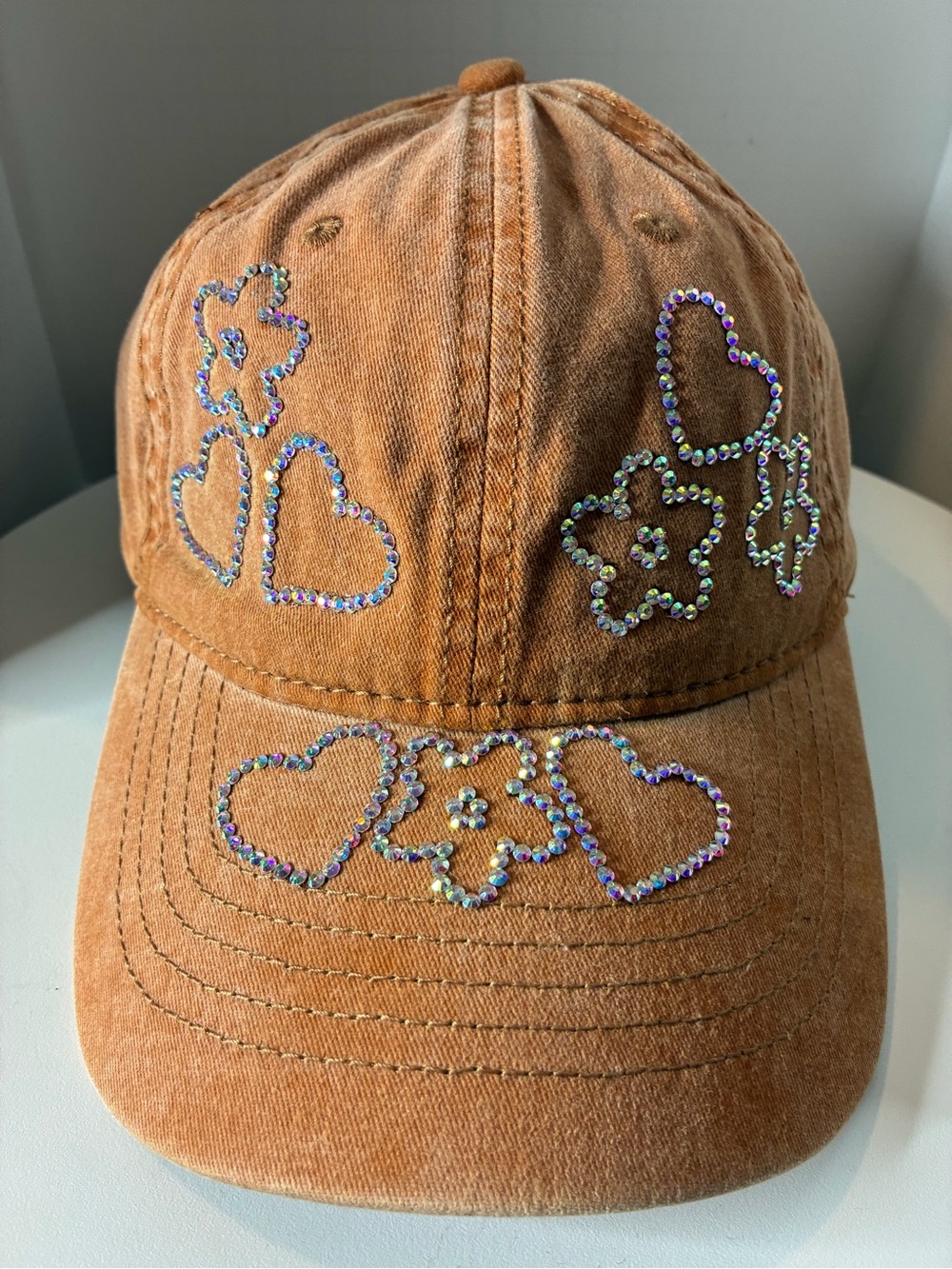 Women Orange washed Custom Rhinestone Heart & Flower Cap